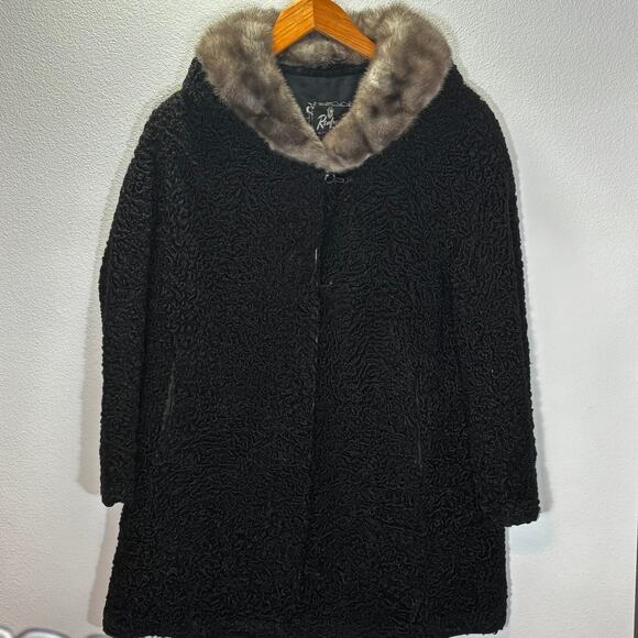 Vintage Renfrew Furs Persian Lamb Coat Black Curly Fur Mink Collar Calgary - Picture 1 of 11